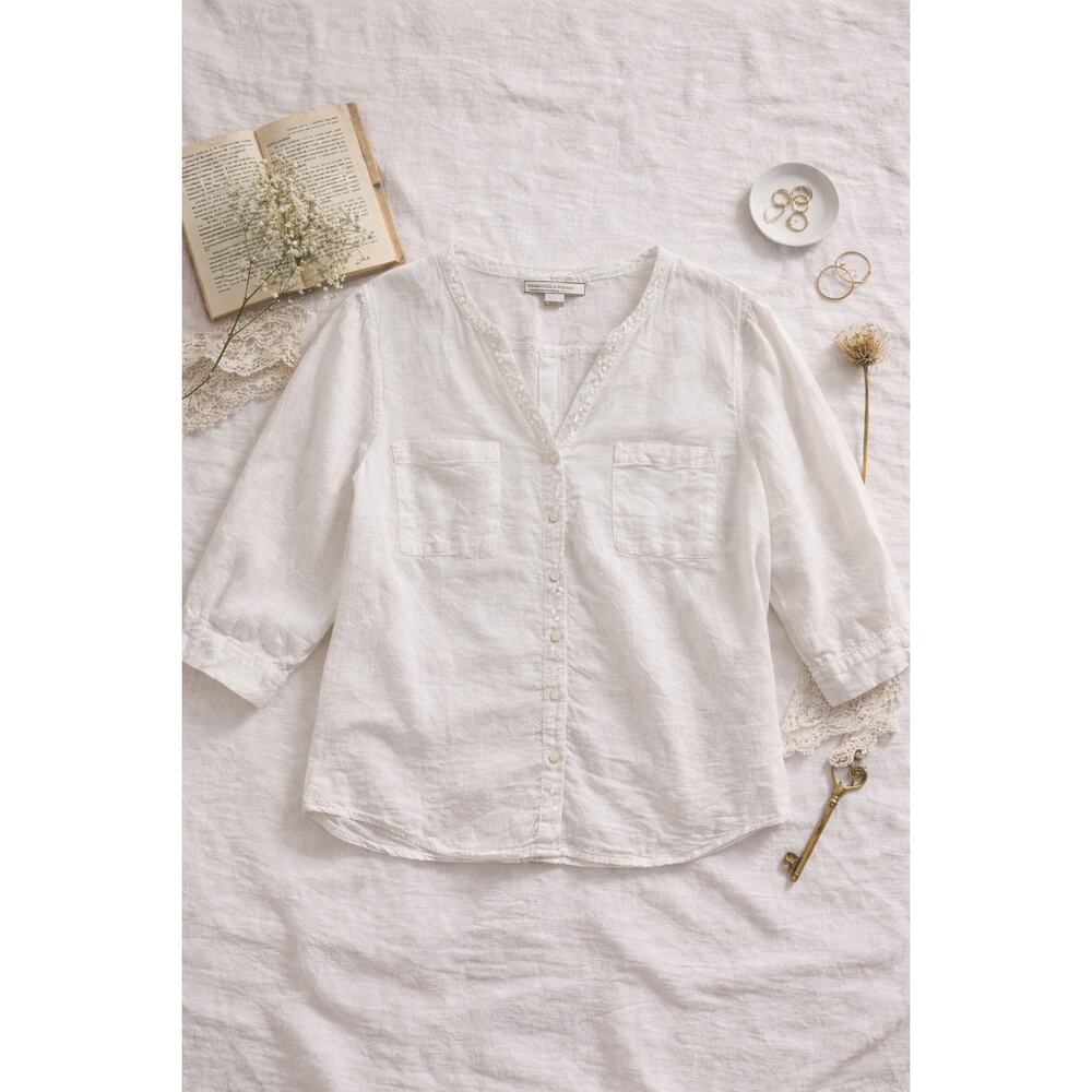 Chico’s White Sequin Trim Blouse Sz 3 (XL)Button Cottage Boho Top Resort coastal